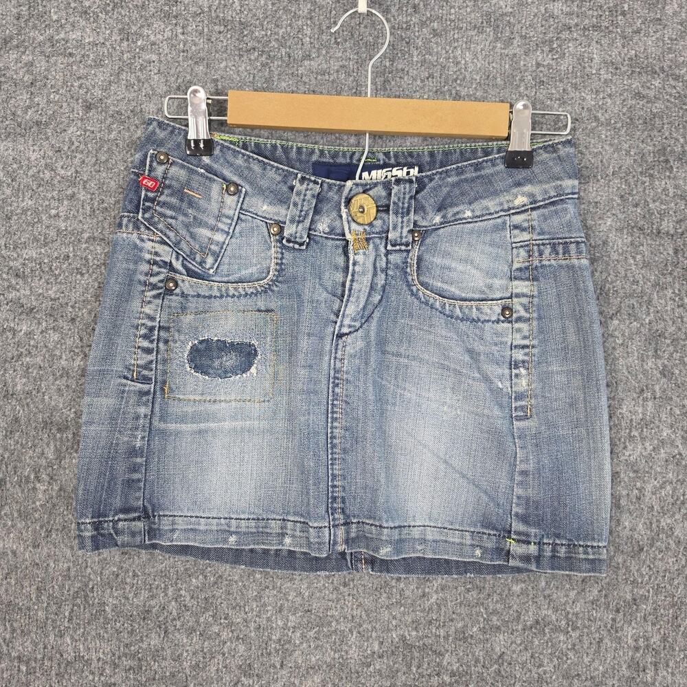Vtg Miss Sixty Skirt XS Denim Mini Blue Distressed Pockets Y2K Street 2000s Punk